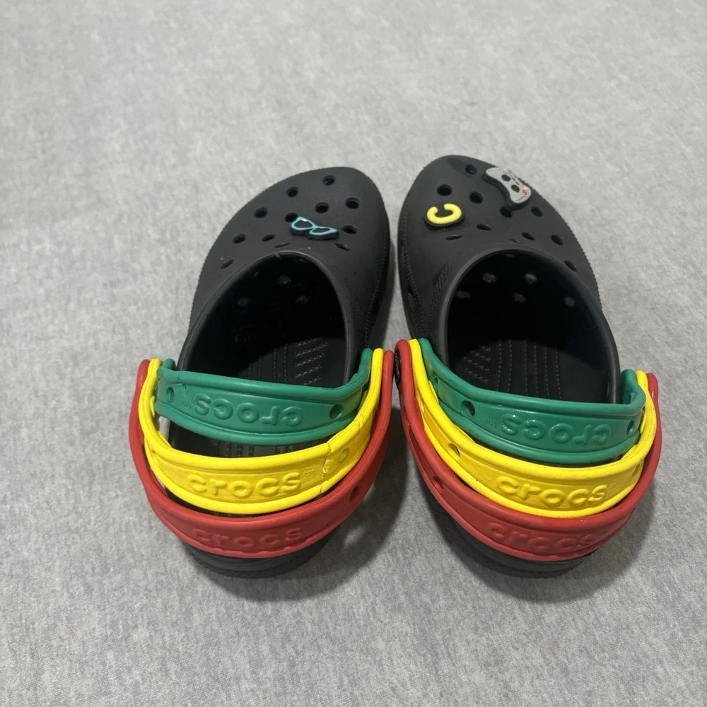 Crocs Classic Clog Black Triple Strap Red Yellow Green Jibbitz Mens 4 Womens 6